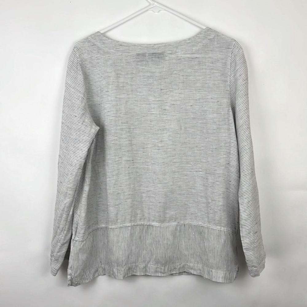 TAHARI 3/4 sleeve pullover top thin black stripes on white linen M - Picture 2 of 9